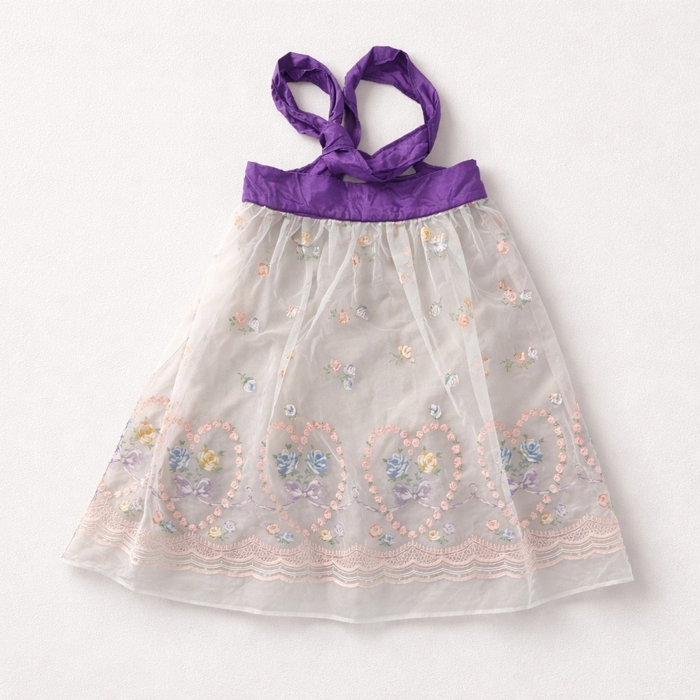 Vintage 40s Sheer Floral Embellish Apron Purple Waist Scalloped Lace Hem Retro